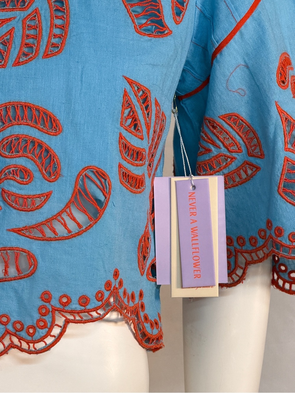 Never A Wallflower Embroidered Light Blue Cropped Top with orange Trim - Picture 6 of 15